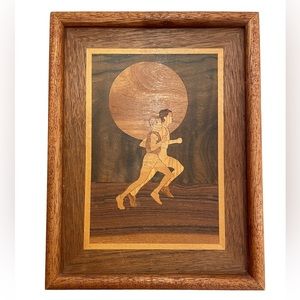 Jeffrey Nelson Vintage Wooden Marquetry Original Signed Art, Depicting 2 Runners